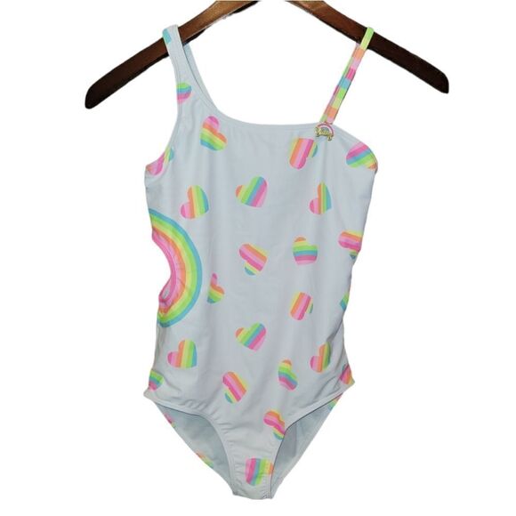 NWOT Juicy Couture Kids Girls One Piece Swimsuit Rainbow Hearts Size 14 - Picture 1 of 7